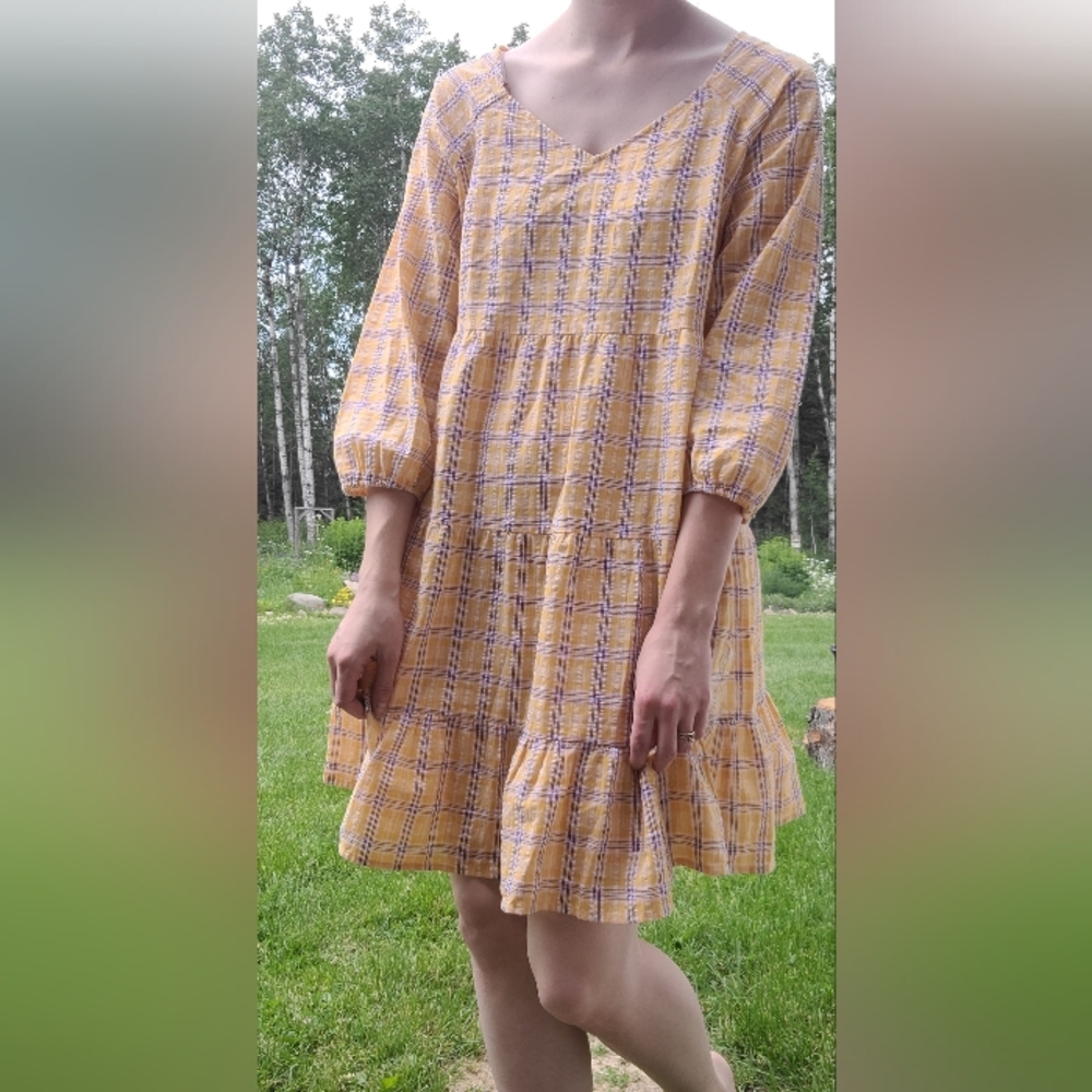 Cotton Blend Yellow Plaid Tiered Sundress